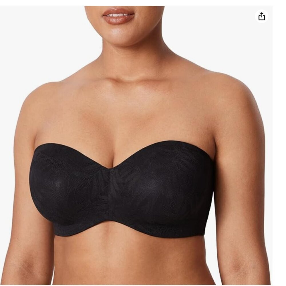 Aisilin Women's Sz 38D Strapless Bra Black Lace Unlined Underwire Bust Minimizer